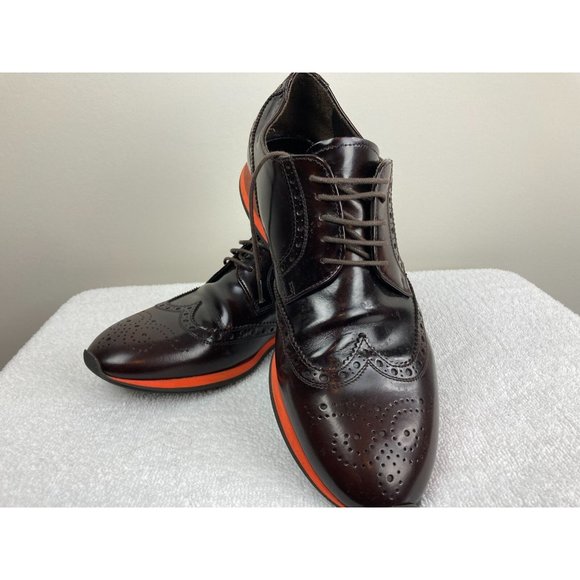 PRADA Dark Brown/Orange Leather Wingtip Oxfords Sneakers Shoes 8 1/2 EE